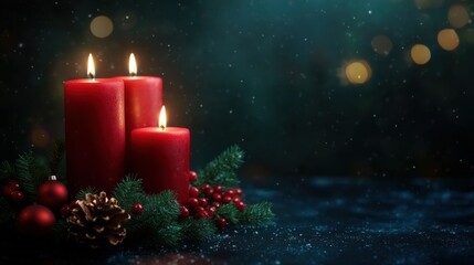 Softly lit Christmas candles on a dark background, providing a cozy and festive holiday feel, ideal for Christmas promotions or greeting cards.