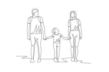Family going hiking. Hiking with families concept one-line drawing