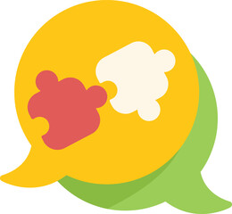 Two puzzle pieces connecting inside a speech bubble, symbolizing teamwork and collaboration