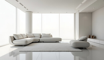 Modern living room with a spacious white sectional sofa and large windows providing natural light