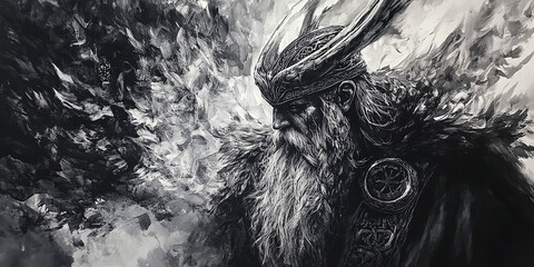 Fehu painting of Odin with black ink strokes, Asgard-inspired, a true masterpiece.