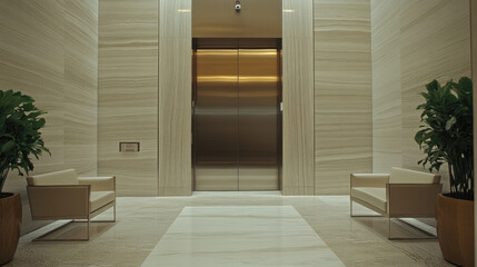 Obraz premium Modern aluminum door with a sleek, silver finish, featuring a glass panel in the center, installed in a contemporary building entrance --chaos