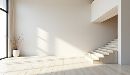 Obraz premium Modern interior featuring a stylish staircase and large windows letting in natural light