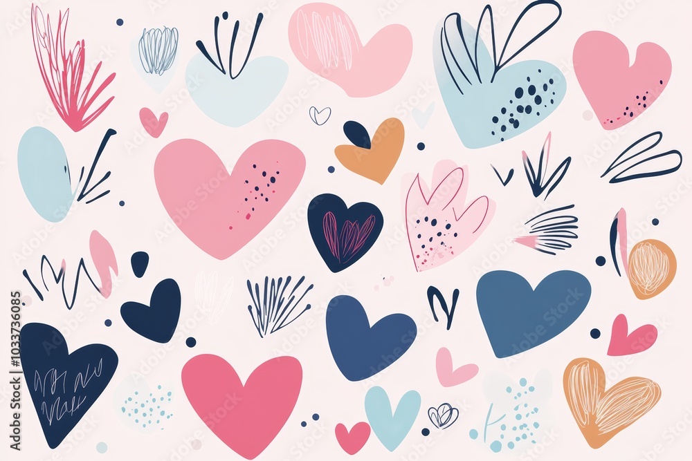 Poster colorful heart patterns with assorted shapes and designs on a light background, perfect for expressi