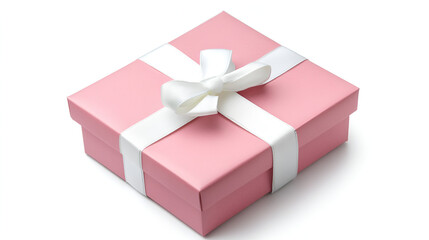 Obraz premium Luxury box tied with a white ribbon , A delicate pink gift box adorned with a satin ribbon sits elegantly on a light surface, top view pink tone of gift box present 