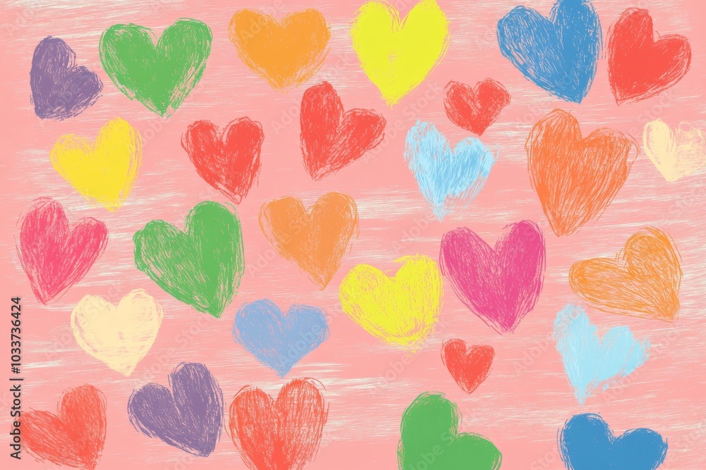 Poster vibrant hearts in various colors create a playful pattern against a soft pink background