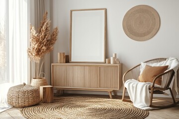 Creative composition of kids room interior with mock up poster frame, wooden sideboard, braided armchair, round rug, toys, wooden block and personal accessories. Home decor, Generative AI