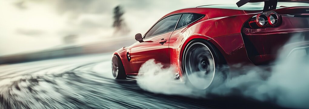 car performing drifts with smoke billowing from the wheels, motion blur, a sports car, high speed