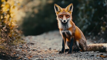 Fototapeta premium Red Fox Sitting on a Forest Path