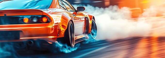 car performing drifts with smoke billowing from the wheels, motion blur, a sports car, high speed