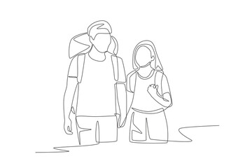Husband and wife going hiking. Hiking with families concept one-line drawing