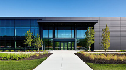 Office building entrance featuring aluminum double doors with tinted glass, surrounded by clean lines and modern exterior materials --chaos