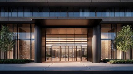 Office building entrance featuring aluminum double doors with tinted glass, surrounded by clean lines and modern exterior materials --chaos