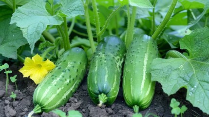 Green cucumber grows on the bed in the greenhouse, selective focus, Generative AI,