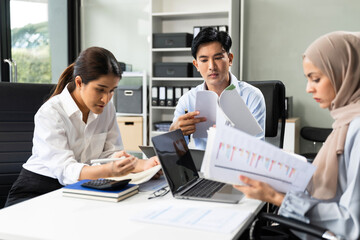 Businessman team working are under stress from financial data and report graph. Failed teamwork concept