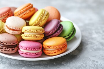 Obraz premium A beautifully arranged assortment of colorful macarons on a white plate, with blank space for text. Perfect for commercial use in promoting bakery desserts.