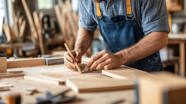 A craftsman measures and marks wood in a workshop filled with tools and materials during the day