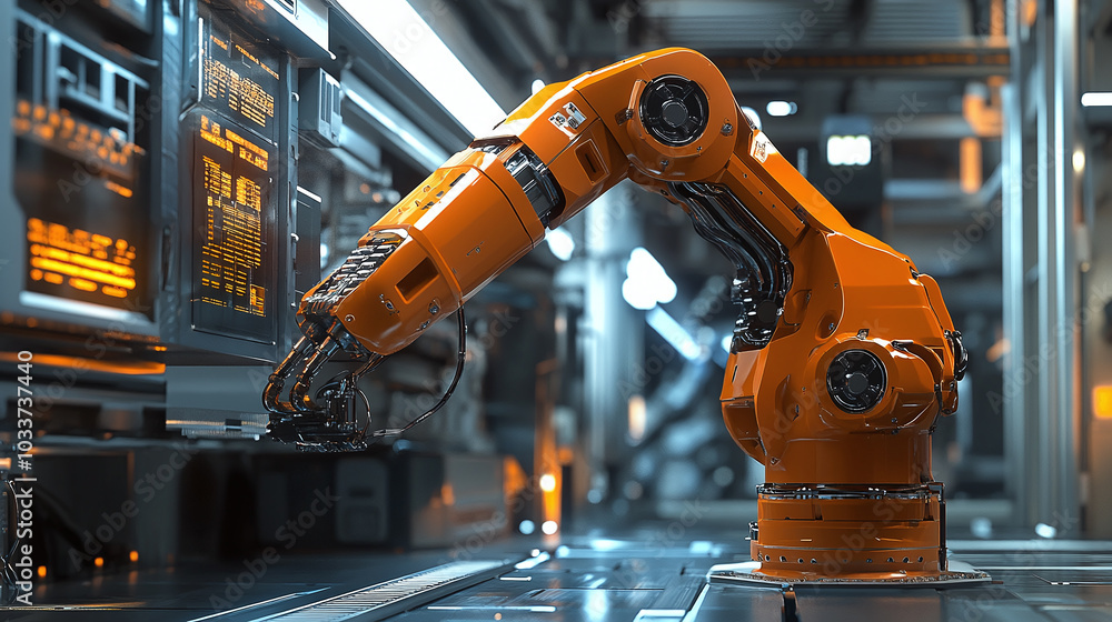 Poster automated robotic arm operating in a modern industrial environment.