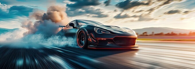 car performing drifts with smoke billowing from the wheels, motion blur, a sports car, high speed