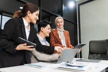 Group of diverse business people discussing a project in a meeting for analysis graph company financial.