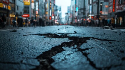 This impactful image showcases a residential area severely affected by an earthquake, featuring damaged homes, downed utility poles, and emergency responders assisting residents in distress.

