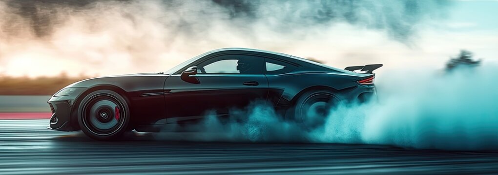 car performing drifts with smoke billowing from the wheels, motion blur, a sports car, high speed