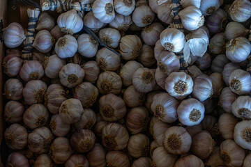 A vibrant box overflowing with braided garlic, showcasing its rich textures and earthy tones, perfect for culinary and organic themes
