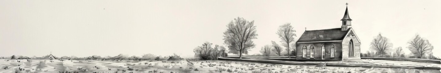 church in the field pencil illustration.