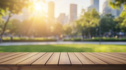 Wooden table in the foreground with a blurred city park and warm sunlight flares in the background. Perfect for outdoor-themed presentations or product displays.