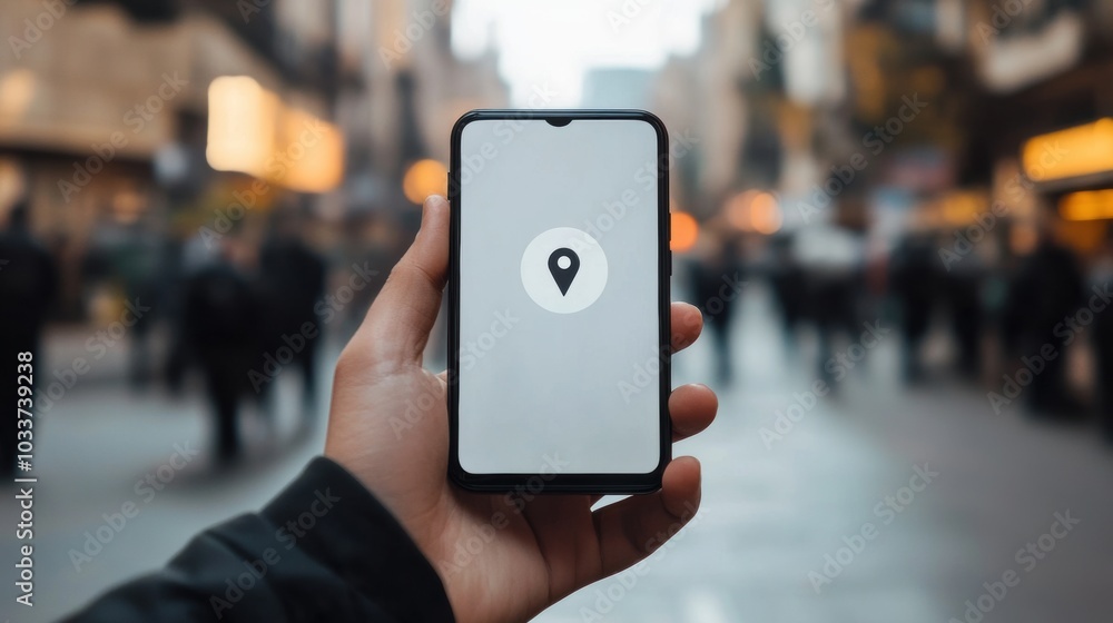 Poster a male hand grips a smartphone showing a location pin, helping navigate through a bustling urban env