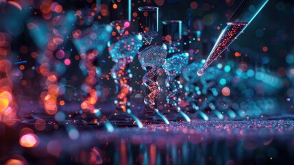Glowing digital particles in vibrant holographic and kaleidoscopic motions creating an abstract and futuristic neon lights background with luminous iridescent and prismatic effects