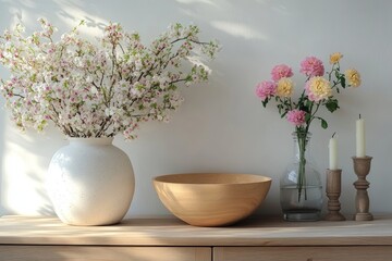 Minimalist composition of spring living room interior with copy space, wooden bench, stylish glass vases with green leaves, flowers, sprinkler, book and personal accessories. Home decor, Generative AI
