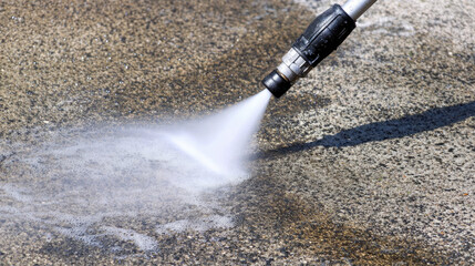 Person using a pressure washer to clean a driveway, powerful water jets removing dirt and stains, creating a freshly cleaned look --chaos