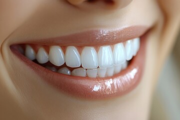 Obraz premium A close-up of a woman smiling, showcasing bright, white teeth and well-groomed lips, highlighting the beauty of a healthy smile