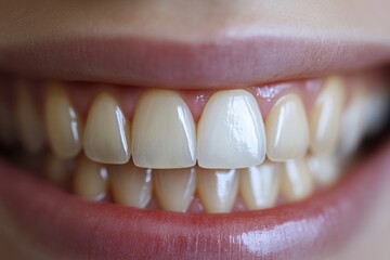 Fototapeta premium A close-up image of a smiling person showcasing white, well-aligned teeth and healthy gums, highlighting dental hygiene and aesthetics