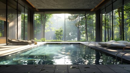 Fototapeta premium Modern indoor pool with a minimalist aesthetic, expansive windows providing a view of a serene forest