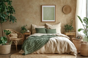 Interior design of cozy living room with mock up poster frame, bed, beige bedding, wooden sideboard, black desk, lamp, blue wall, brown plaid and personal accessories. Home decor, Generative AI