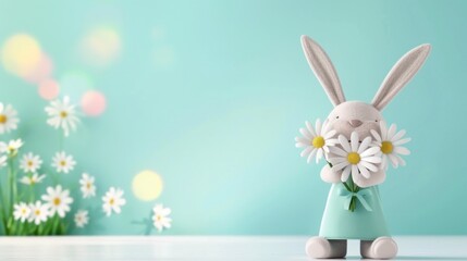 Fototapeta premium Adorable plush Easter bunny holding daisies with bokeh and soft blue background