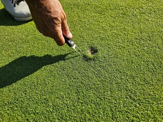 Hand repairing a patch on a golf green using a tool