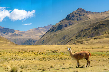 Traditional Llama Grazing in Vast Andean Mountain Landscape  