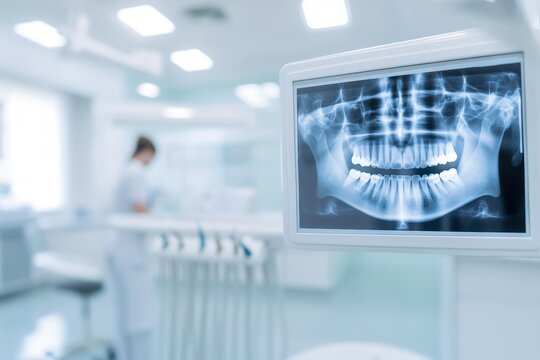A dental X-ray displayed on a monitor in a modern clinic, with a dental professional in the background, emphasizing oral health and diagnostics