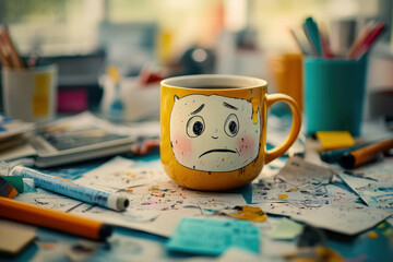 Mug with Sad Face and Messy Desk