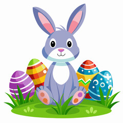 Adorable Bunny with Colorful Easter Eggs on Grass against White Background