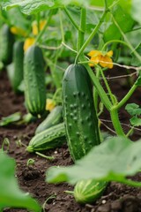 Obraz premium Green cucumber grows on the bed in the greenhouse, selective focus, Generative AI,