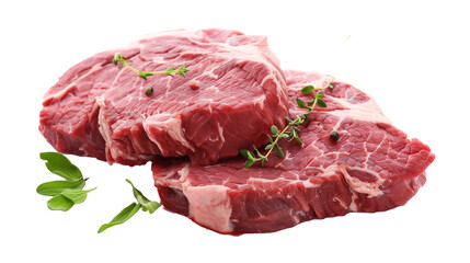 Raw Beef Steak with Fresh Herbs Isolated on Transparent PNG Background