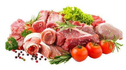 Fresh Meat and Produce Display with Red Tomatoes and Green Lettuce on transparent png background