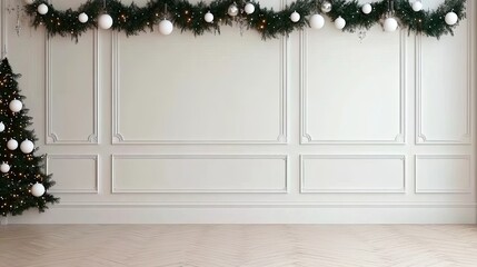 A beautifully arranged Christmas garland, adorned with white ornaments and warm lights, enhances the atmosphere in a minimalist room featuring white wooden flooring