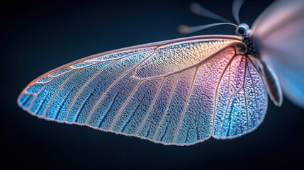 Close-up of a colorful butterfly wing on a dark background.