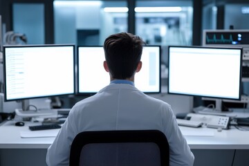 Healthcare professional analyzing data on multiple computer screens