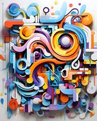 Fototapeta premium This colorful abstract artwork features swirling geometric shapes and bold colors, including orange, blue, purple, and yellow, creating a dynamic and fluid composition.